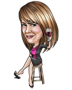 Laurie Forster holding wine glass caricature